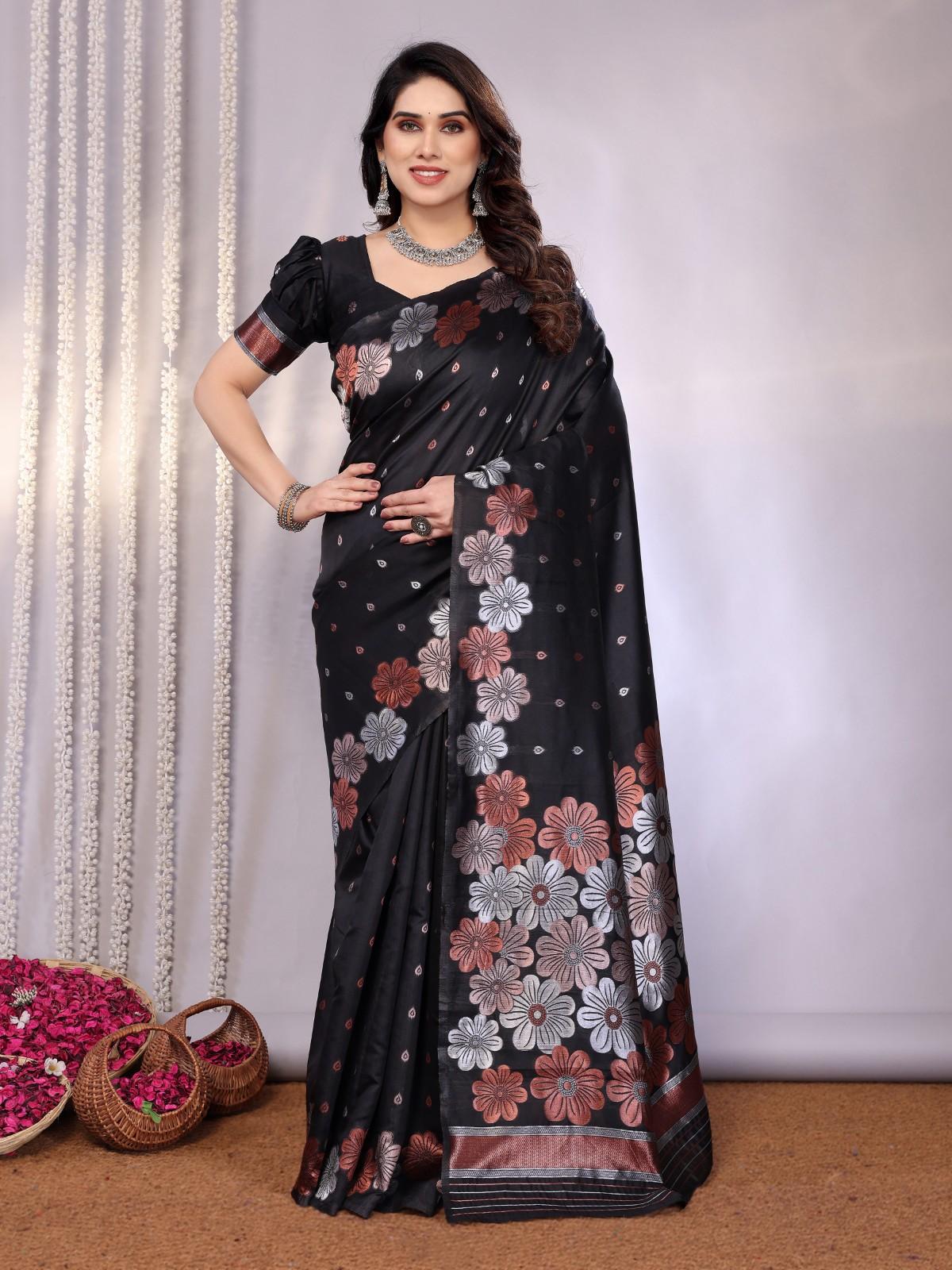 Traditional Banarasi Silk Saree with Copper & Silver Floral Motifs