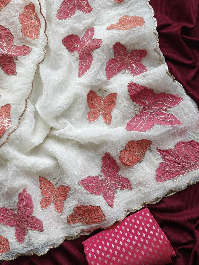 Pure Crush Chiffon Saree With Applique Embroidery