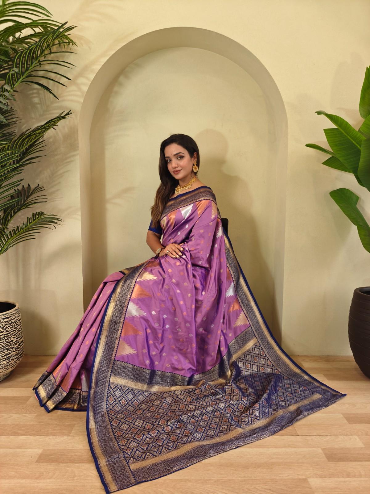 Kanchipuram Silk Saree With Copper And Silver Zari Work Paired With a Beautifully Detailed Rich Pallu