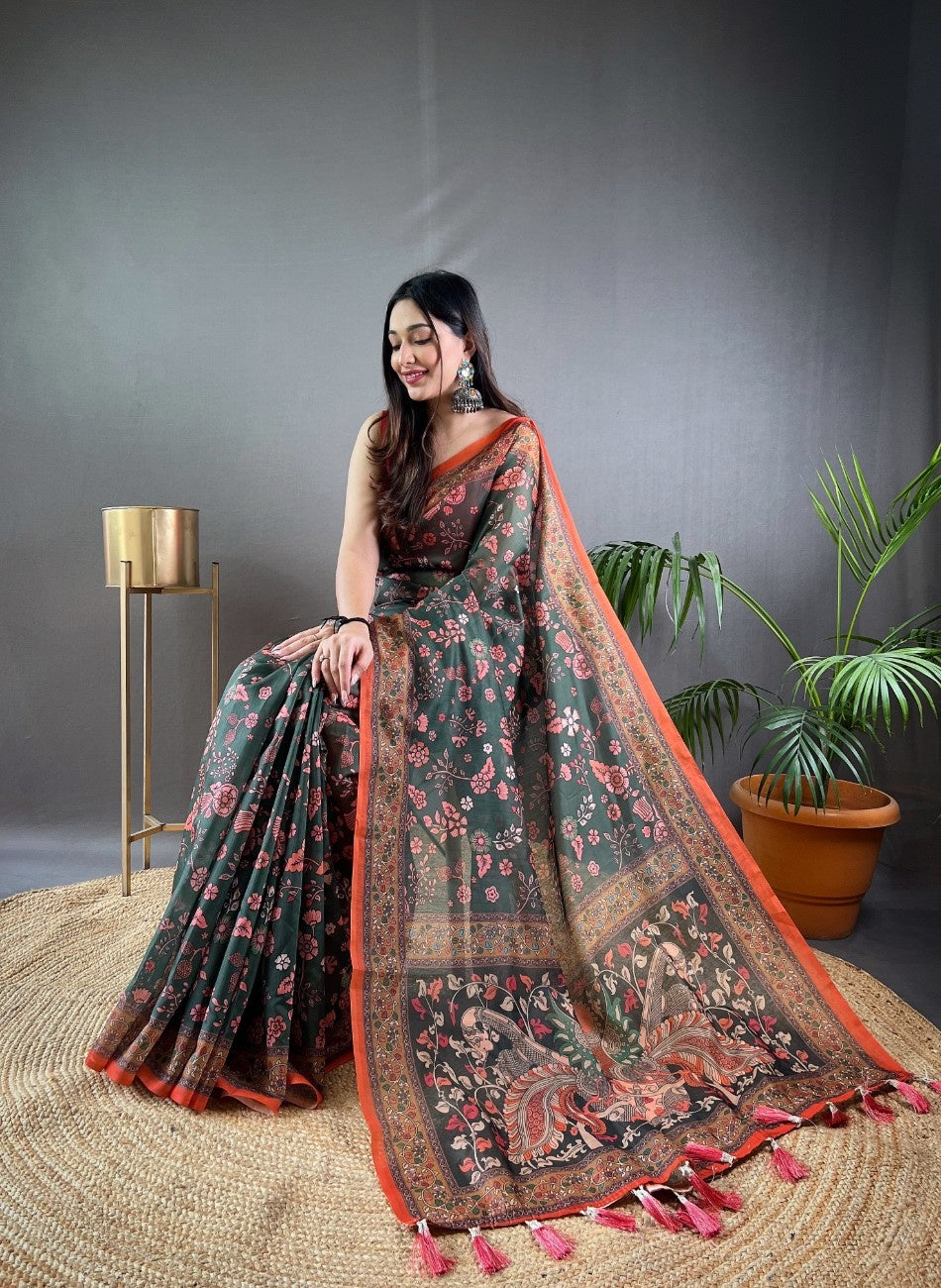 Pure Malai Cotton Saree with Katha Print