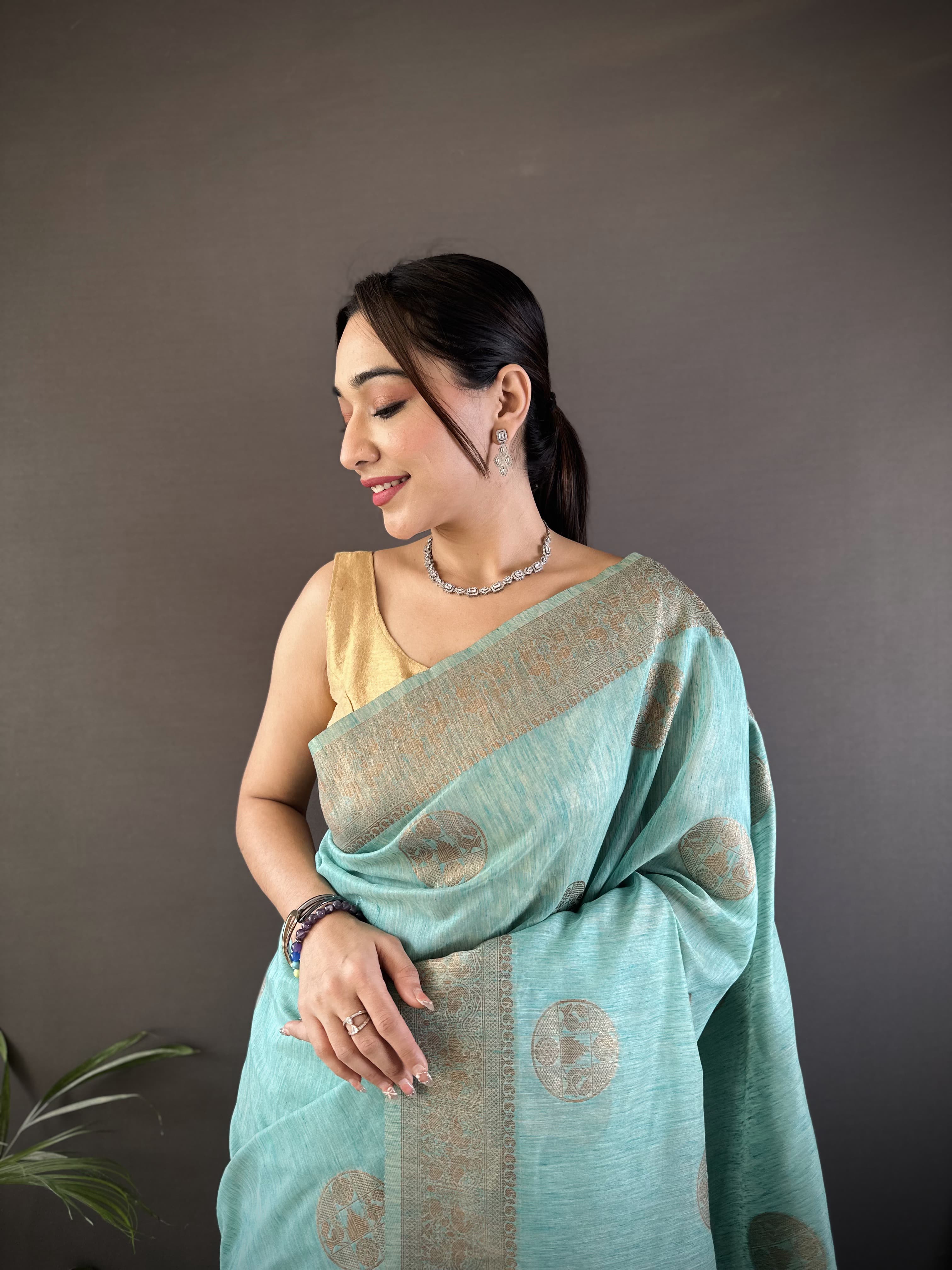 Pure Linen Silk Saree With Copper Gold Jari work