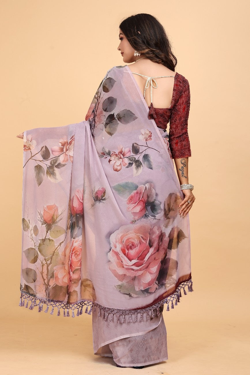 Georgette Saree with Floral Digital Print & Fancy Latkans