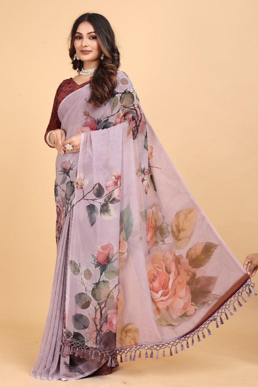Georgette Saree with Floral Digital Print & Fancy Latkans