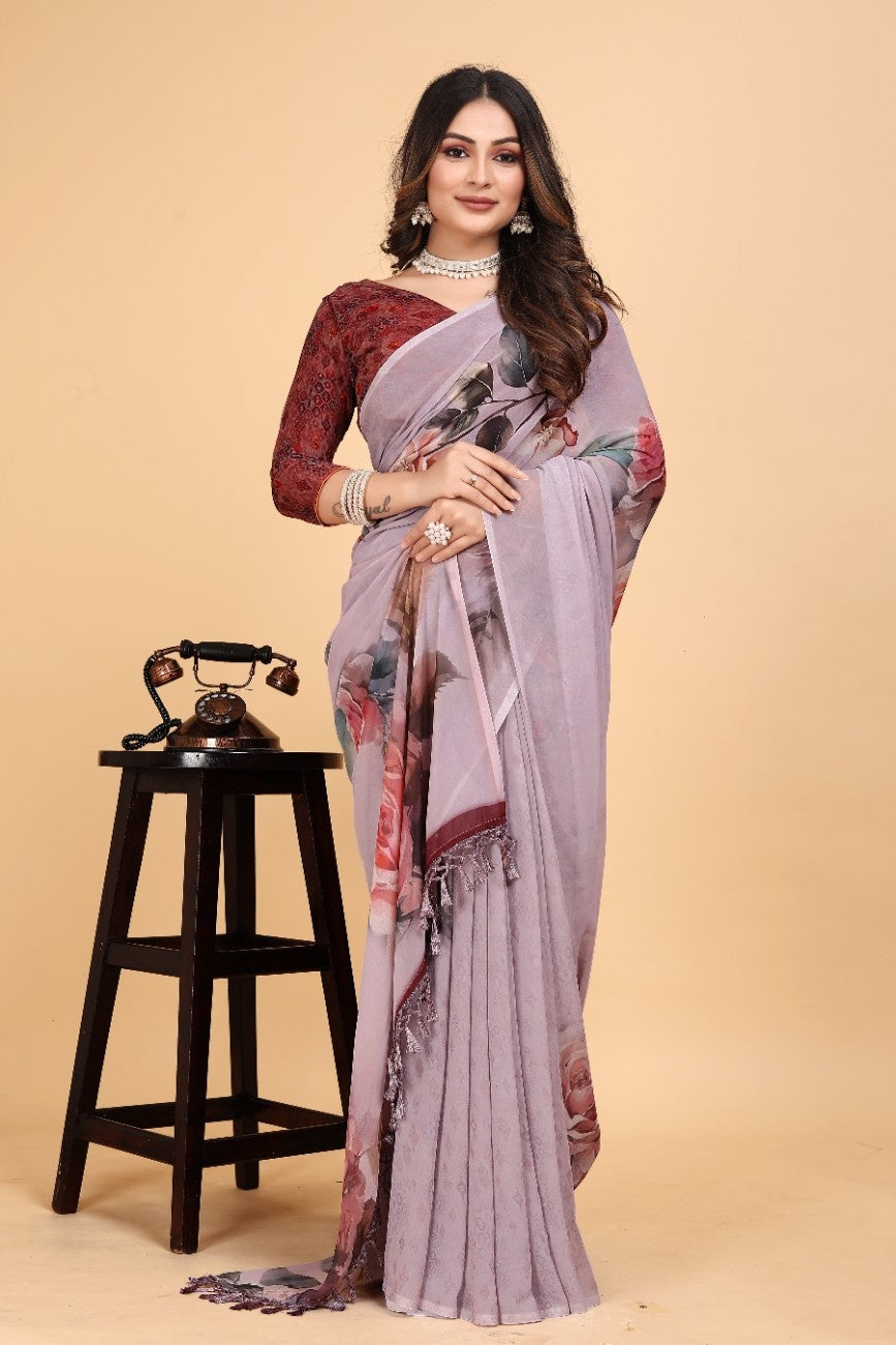 Georgette Saree with Floral Digital Print & Fancy Latkans