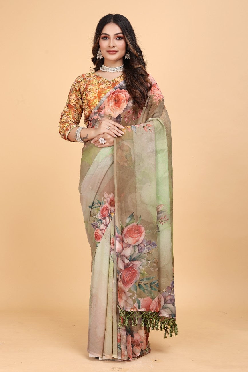 Georgette Saree with Floral Digital Print & Fancy Latkans