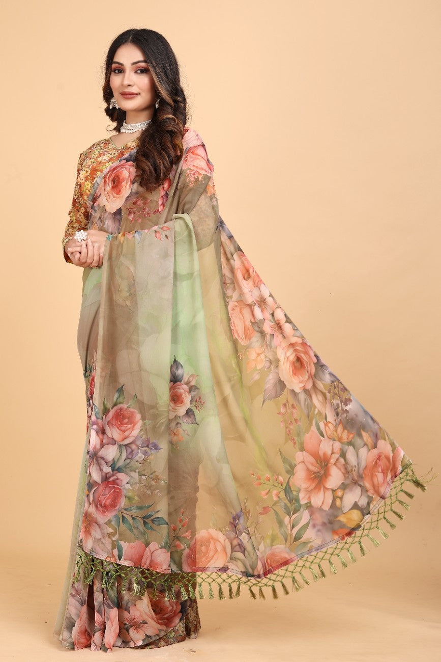 Georgette Saree with Floral Digital Print & Fancy Latkans