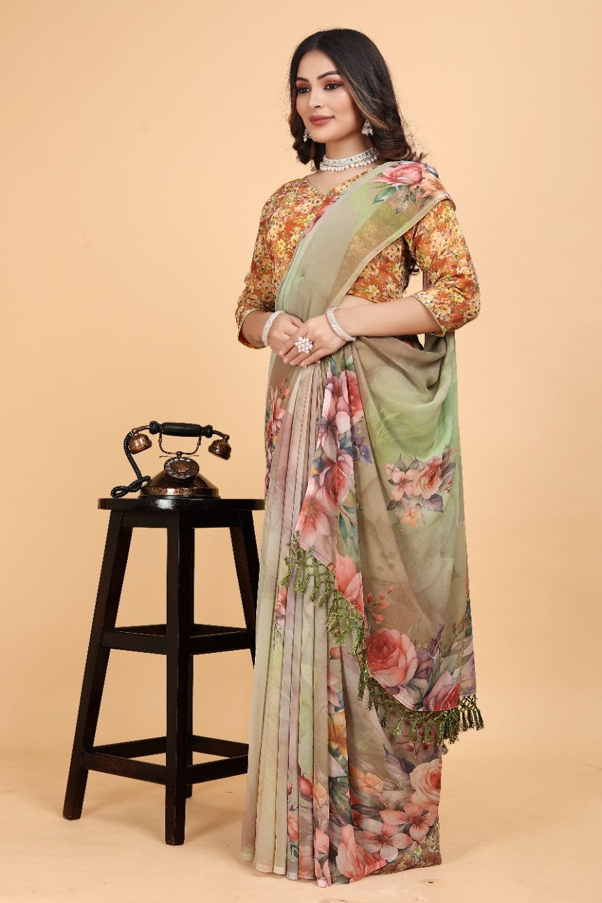 Georgette Saree with Floral Digital Print & Fancy Latkans
