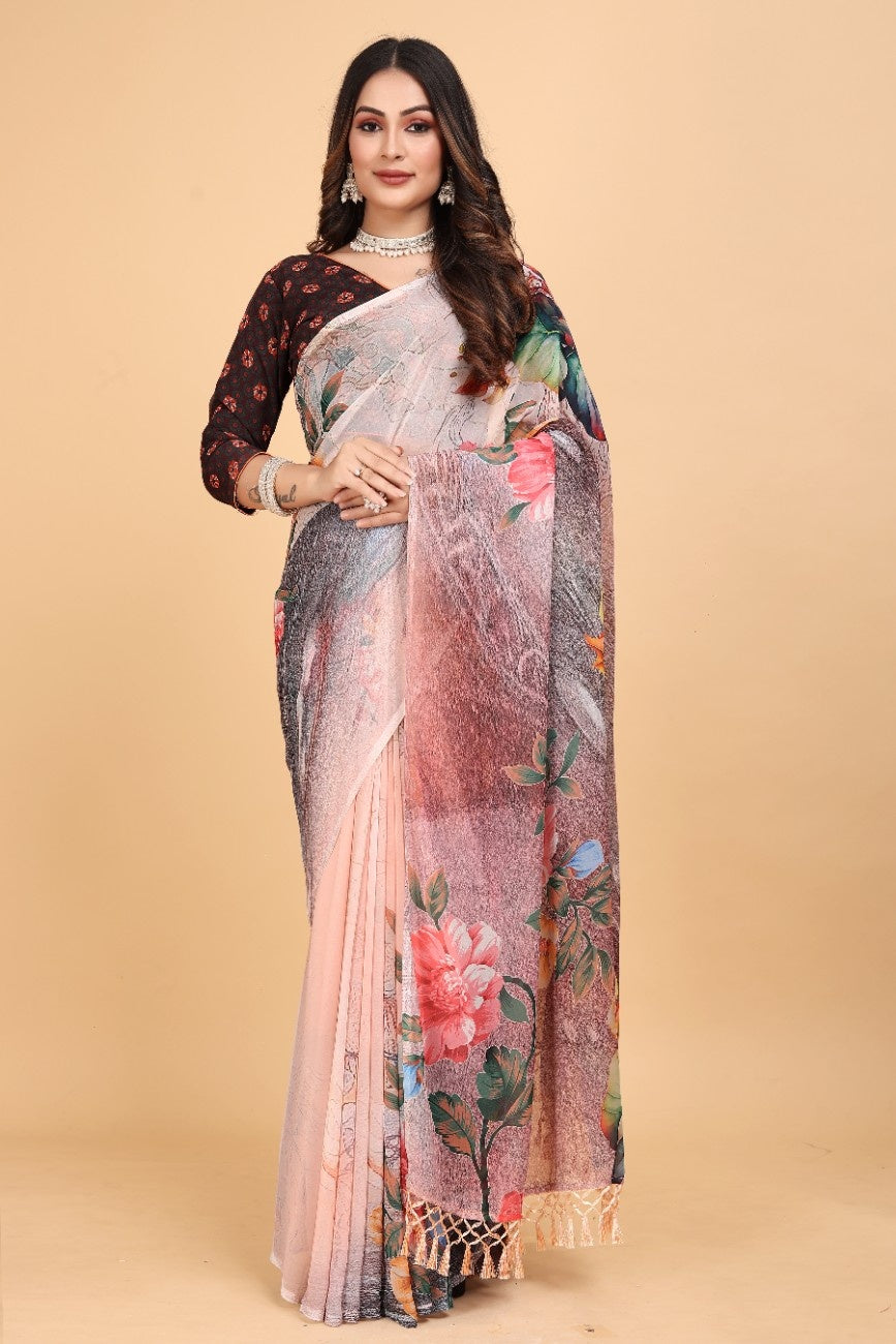 Georgette Saree with Floral Digital Print & Fancy Latkans