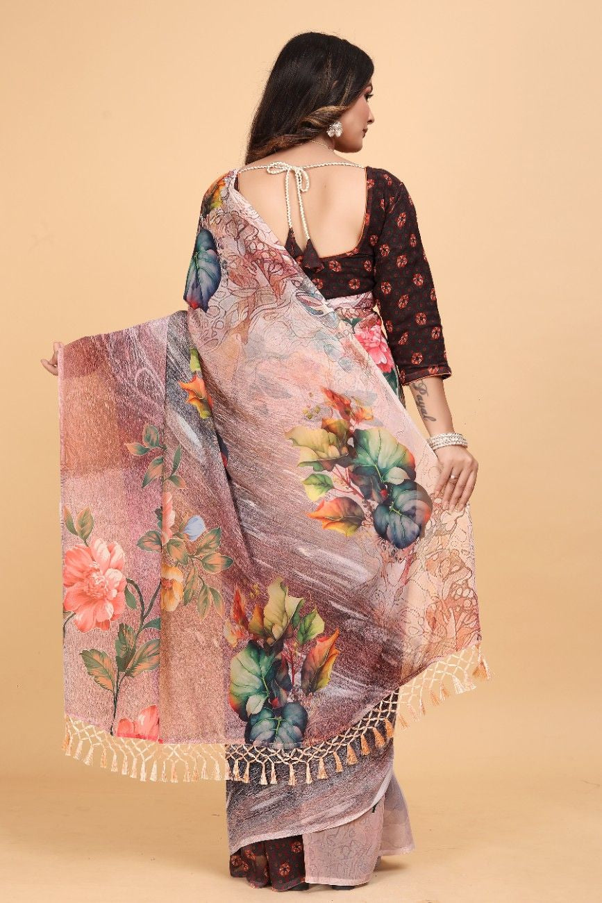 Georgette Saree with Floral Digital Print & Fancy Latkans