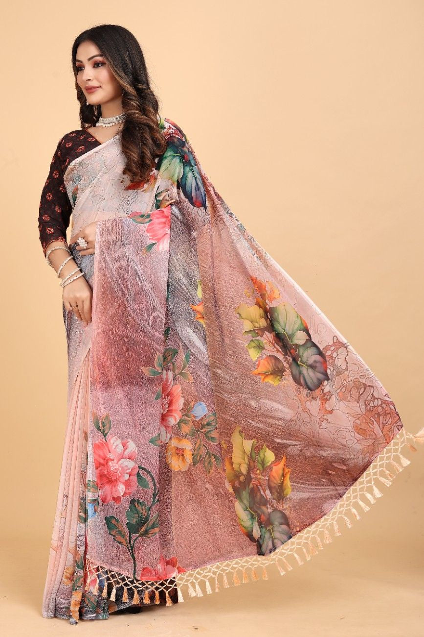 Georgette Saree with Floral Digital Print & Fancy Latkans