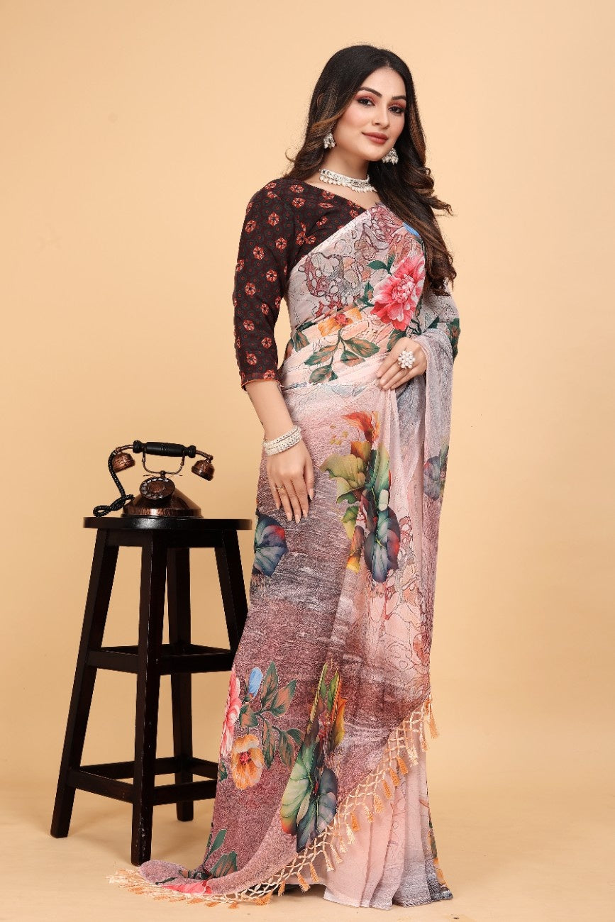 Georgette Saree with Floral Digital Print & Fancy Latkans