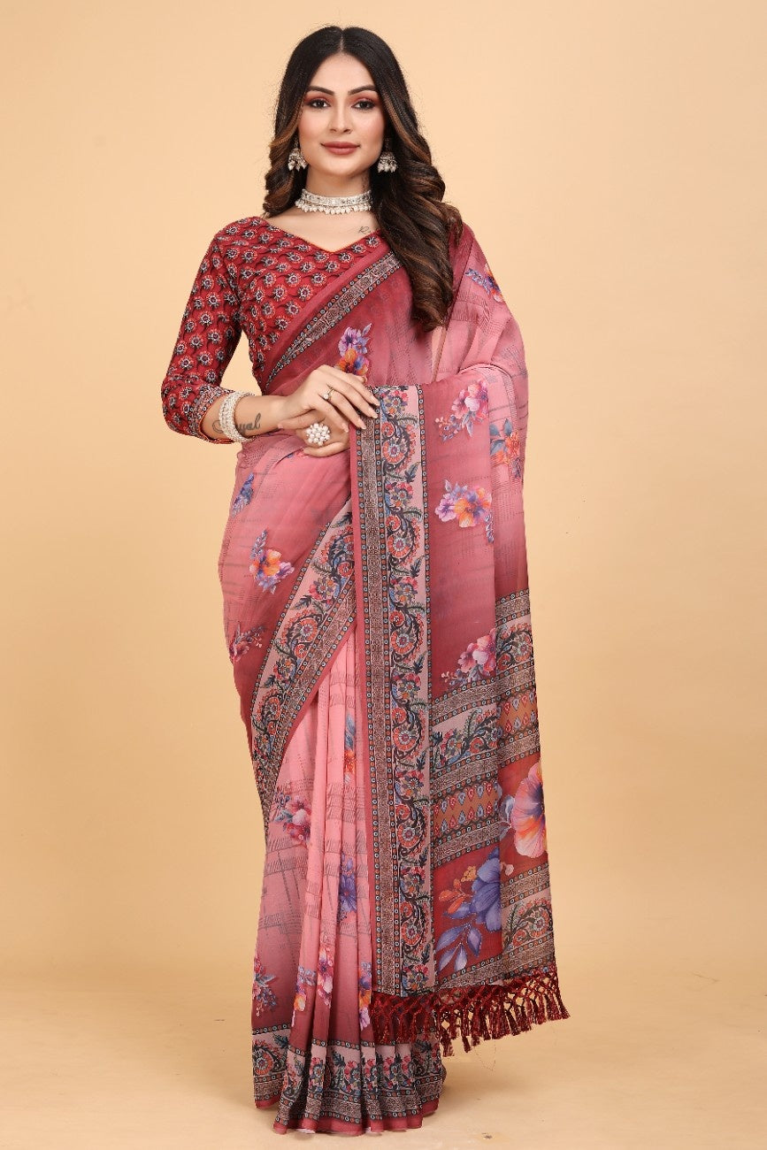 Georgette Saree with Floral Digital Print & Fancy Latkans