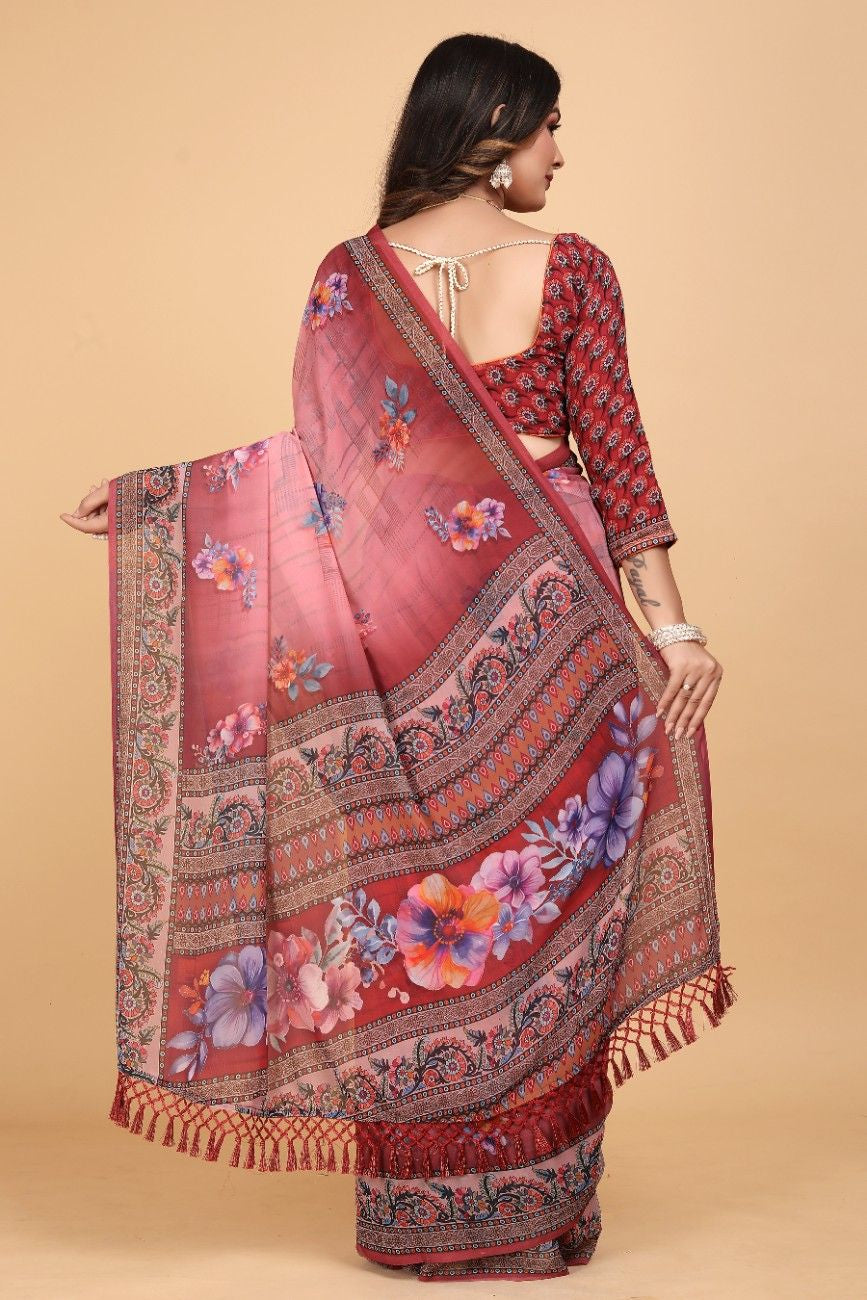 Georgette Saree with Floral Digital Print & Fancy Latkans