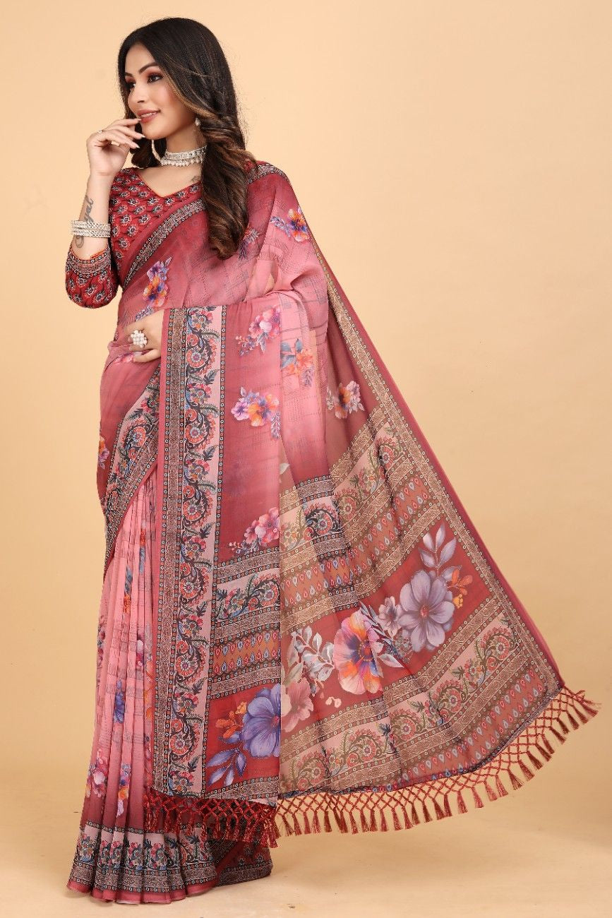 Georgette Saree with Floral Digital Print & Fancy Latkans