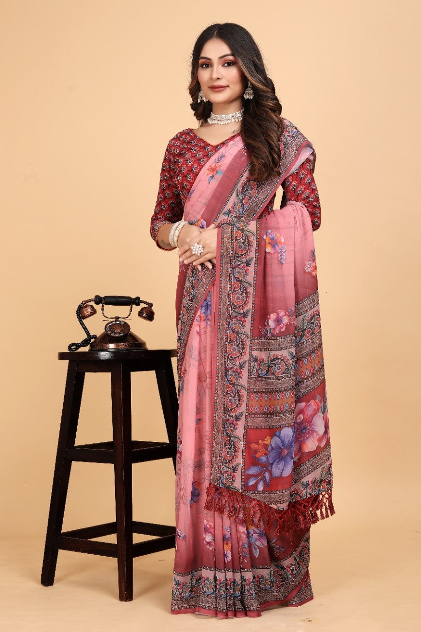Georgette Saree with Floral Digital Print & Fancy Latkans