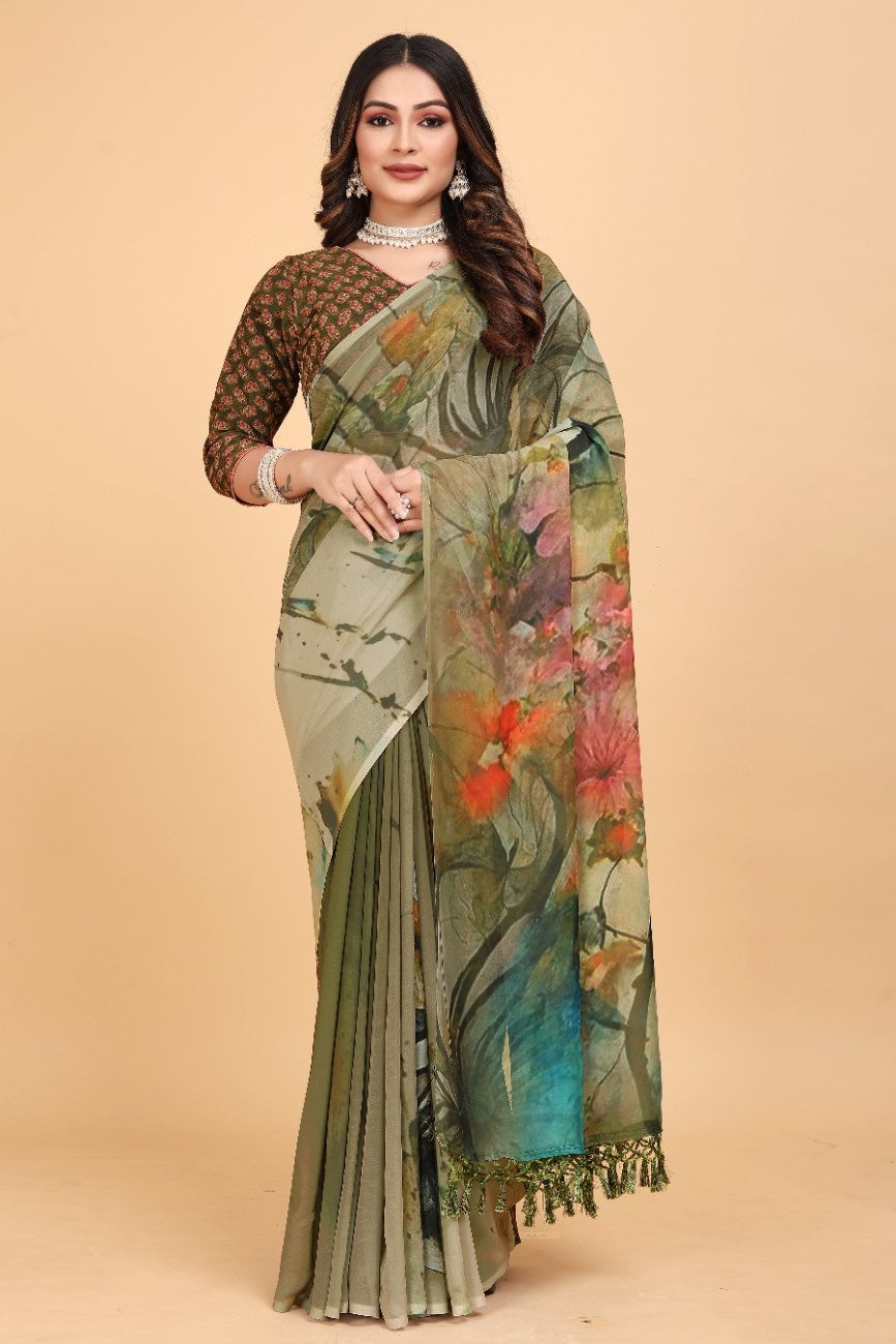 Georgette Saree with Floral Digital Print & Fancy Latkans