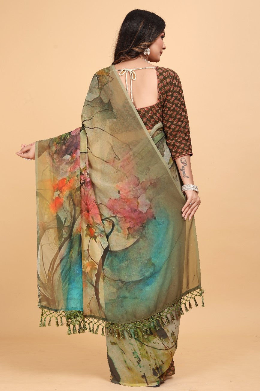 Georgette Saree with Floral Digital Print & Fancy Latkans