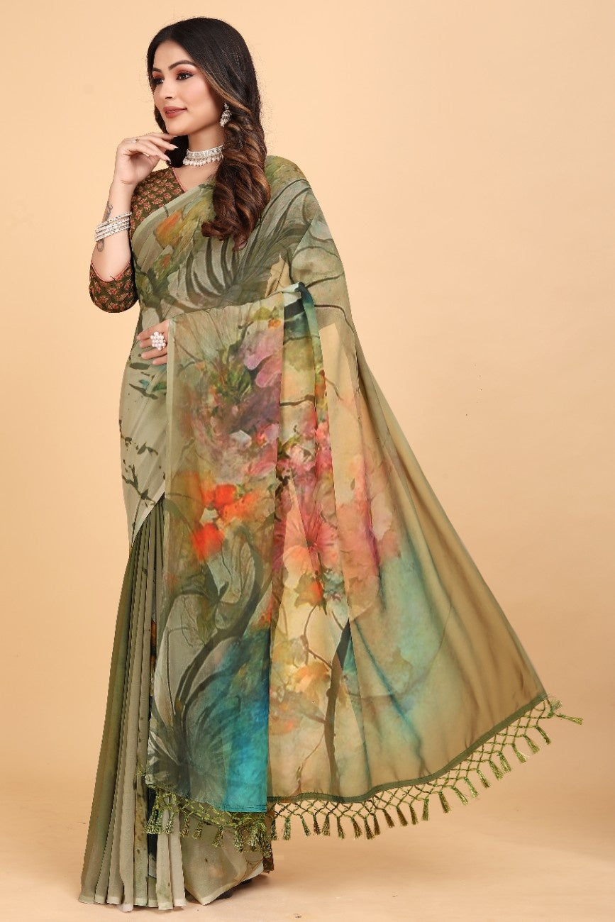 Georgette Saree with Floral Digital Print & Fancy Latkans