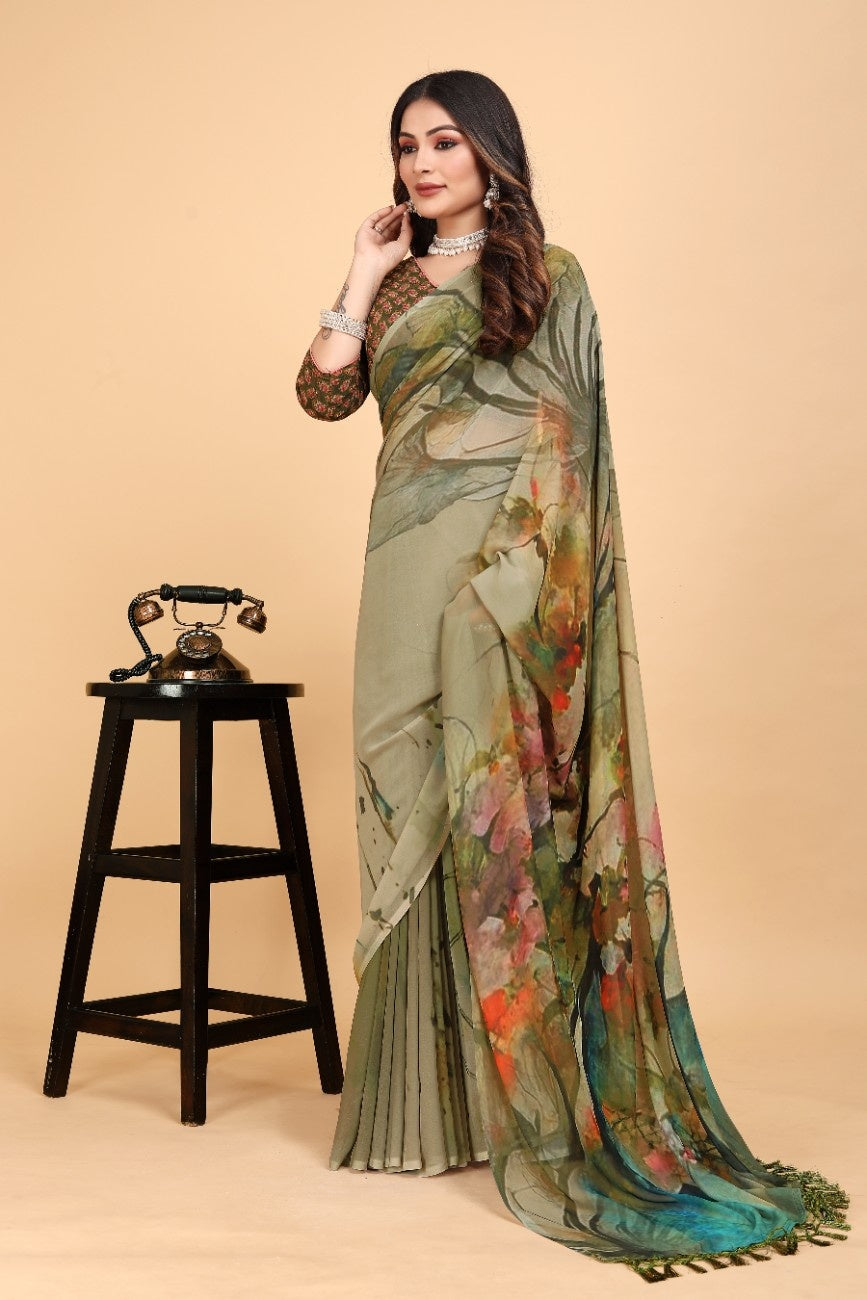 Georgette Saree with Floral Digital Print & Fancy Latkans