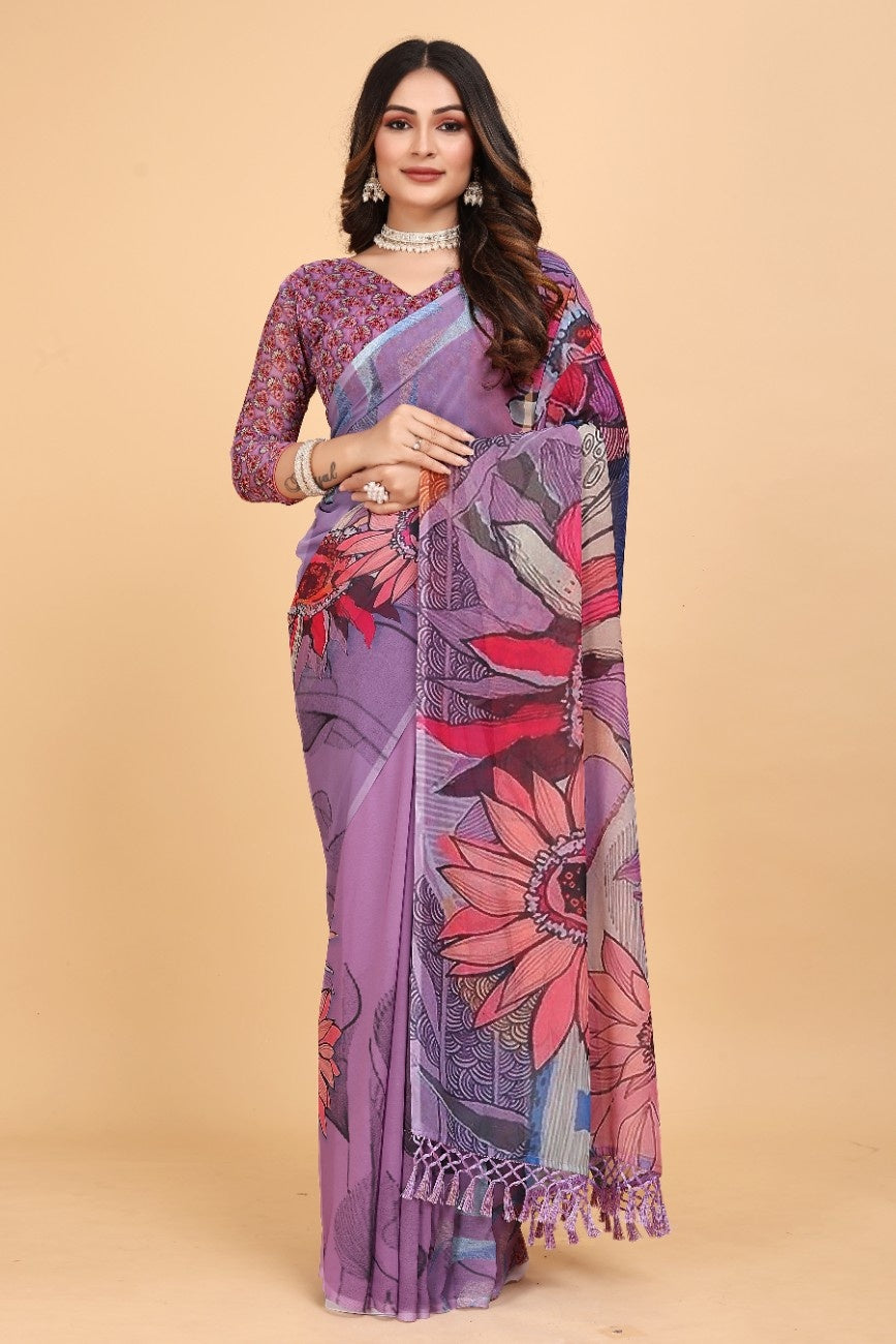 Georgette Saree with Floral Digital Print & Fancy Latkans