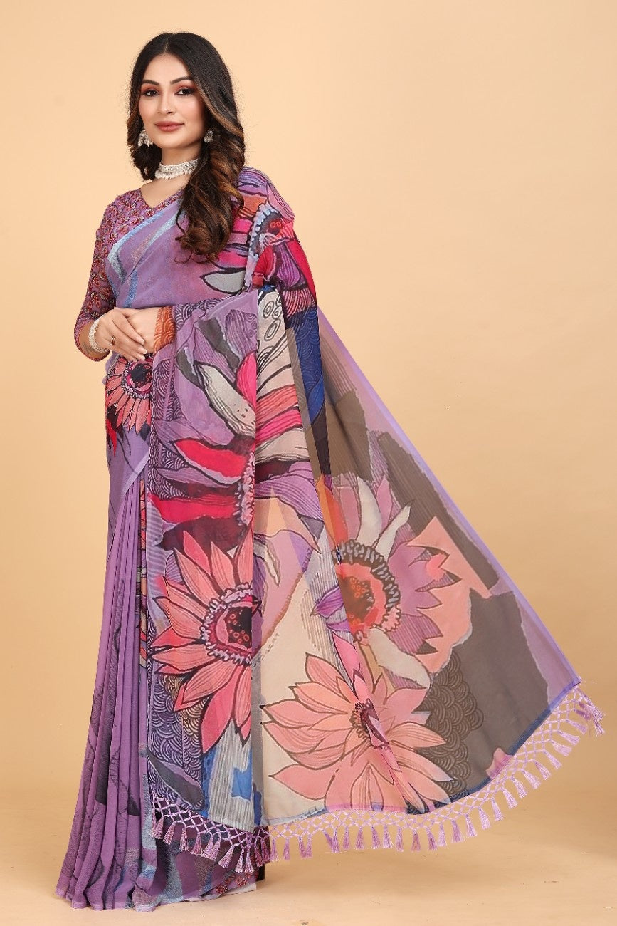 Georgette Saree with Floral Digital Print & Fancy Latkans
