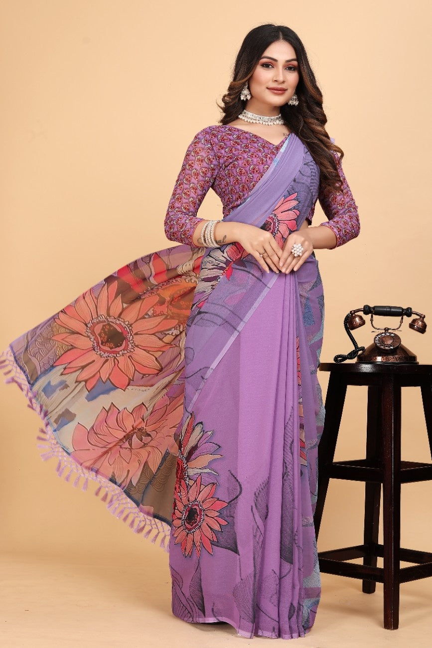Georgette Saree with Floral Digital Print & Fancy Latkans