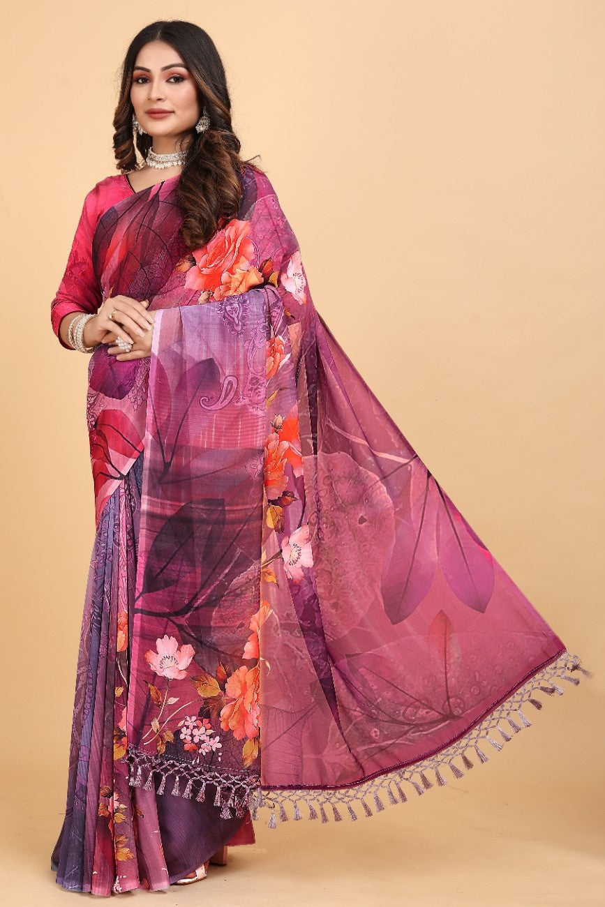 Georgette Saree with Floral Digital Print & Fancy Latkans