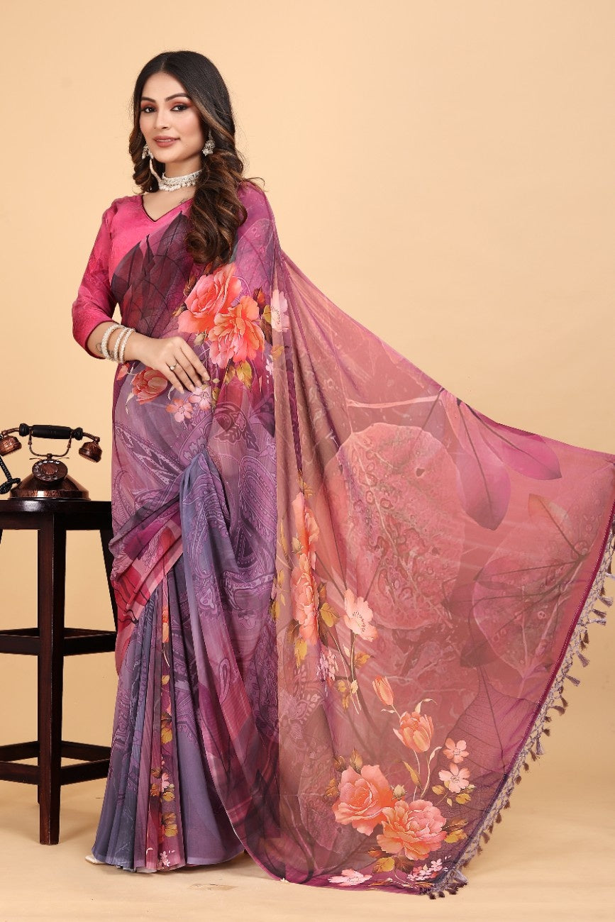 Georgette Saree with Floral Digital Print & Fancy Latkans