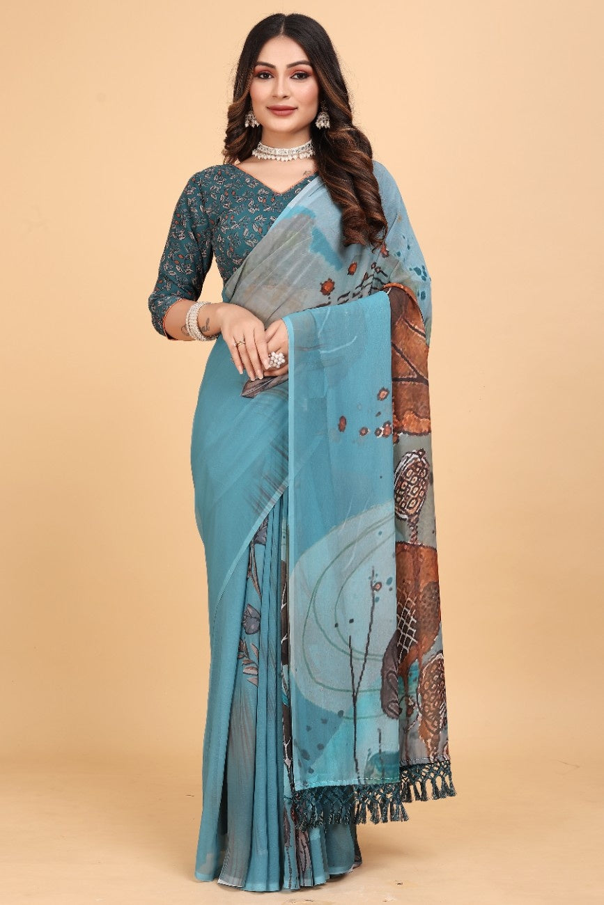 Georgette Saree with Floral Digital Print & Fancy Latkans