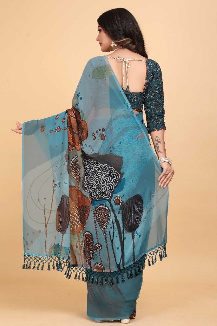 Georgette Saree with Floral Digital Print & Fancy Latkans