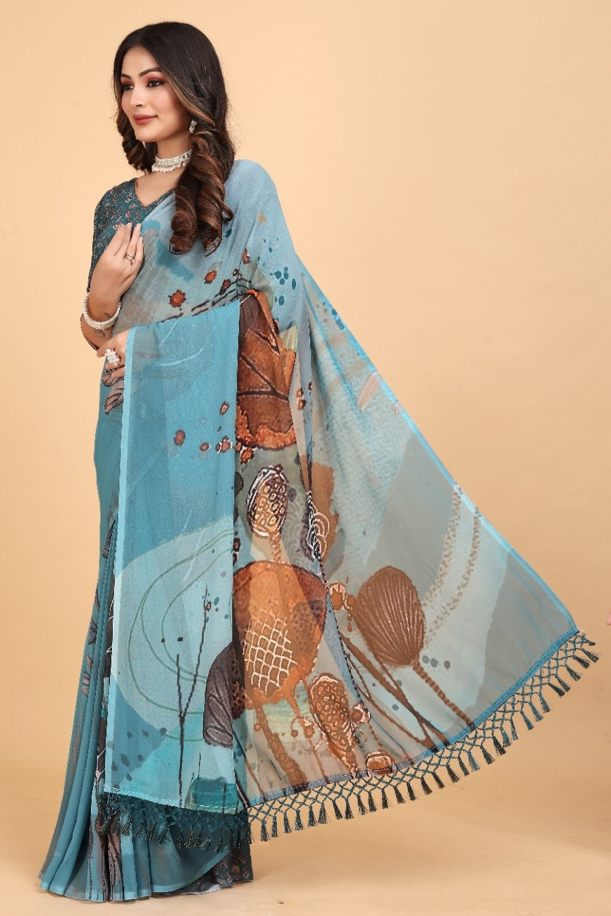 Georgette Saree with Floral Digital Print & Fancy Latkans