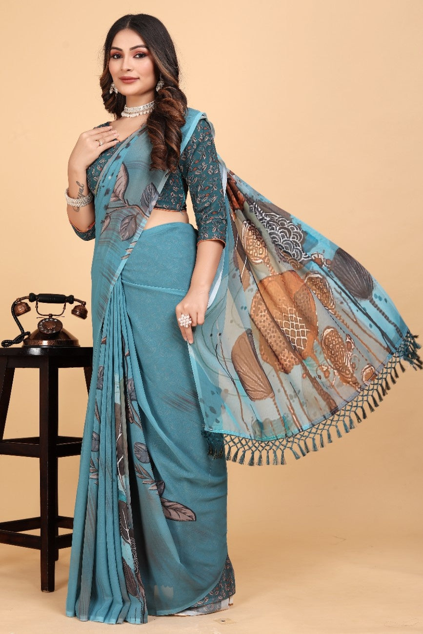 Georgette Saree with Floral Digital Print & Fancy Latkans