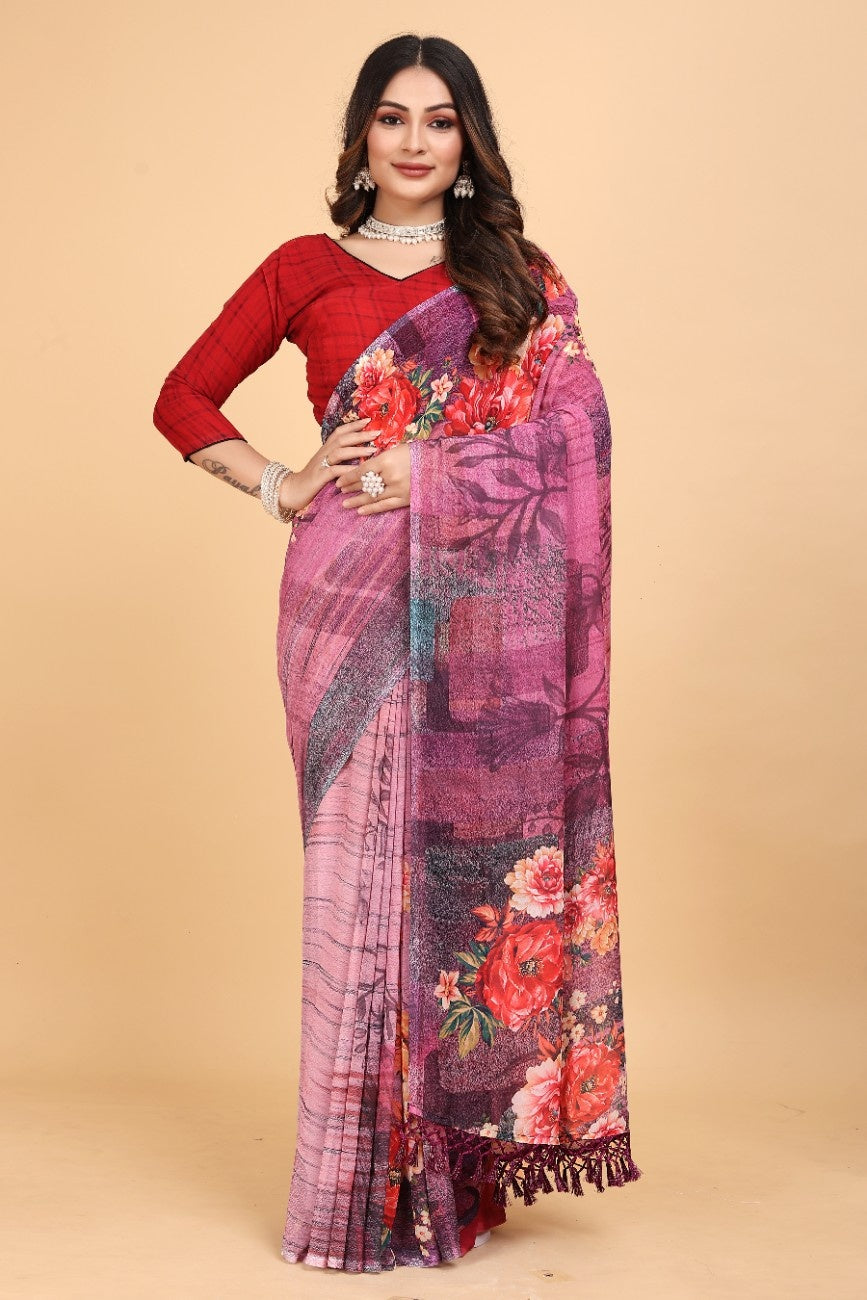 Georgette Saree with Floral Digital Print & Fancy Latkans