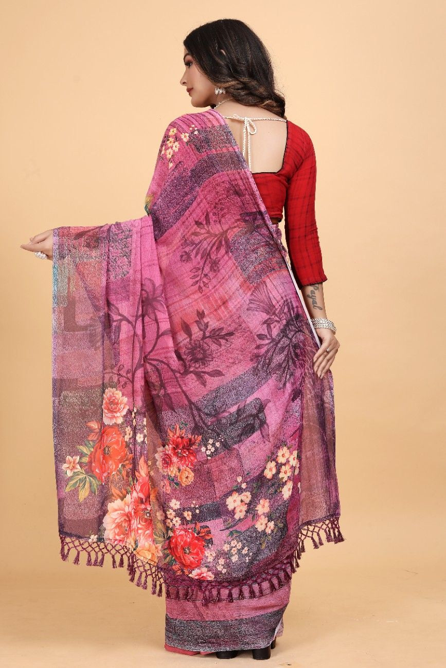Georgette Saree with Floral Digital Print & Fancy Latkans