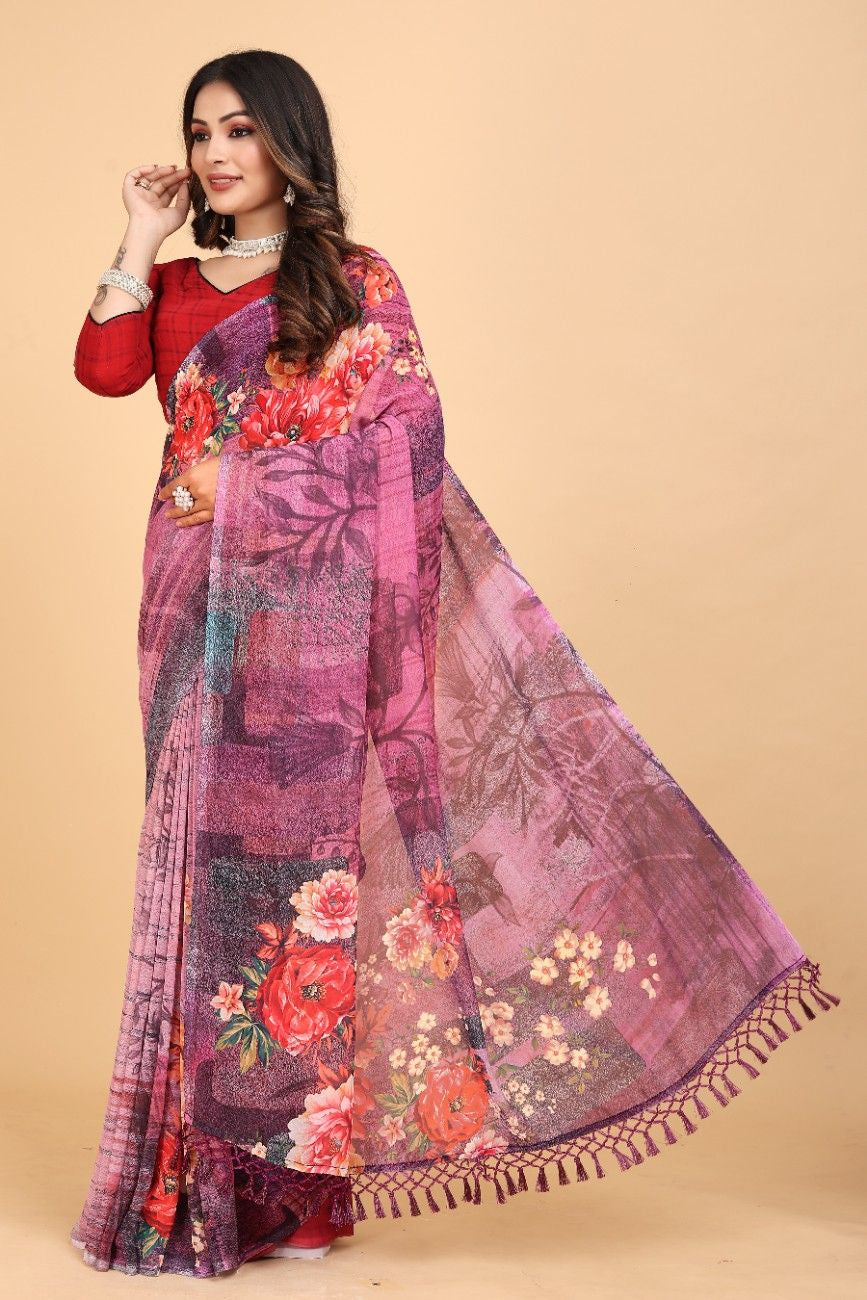 Georgette Saree with Floral Digital Print & Fancy Latkans