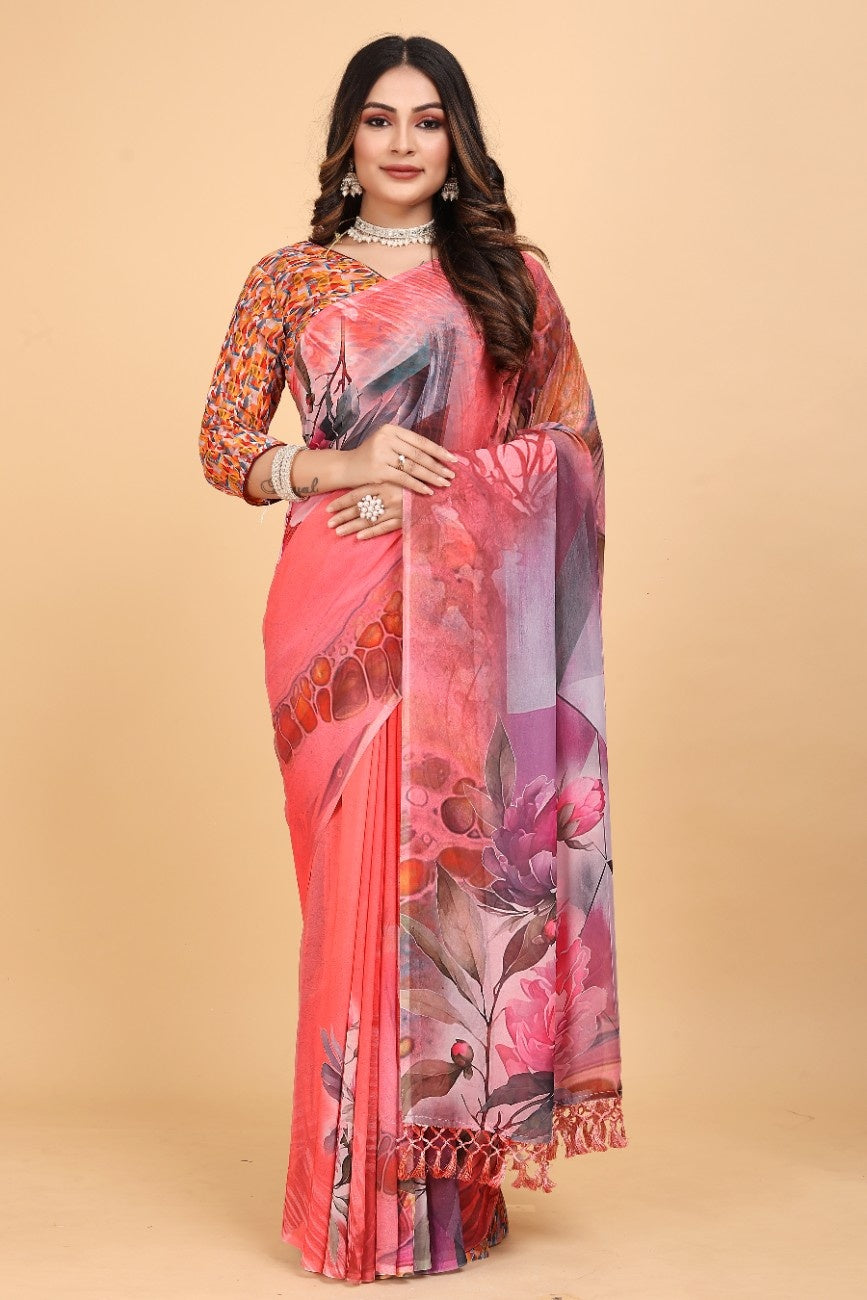 Georgette Saree with Floral Digital Print & Fancy Latkans