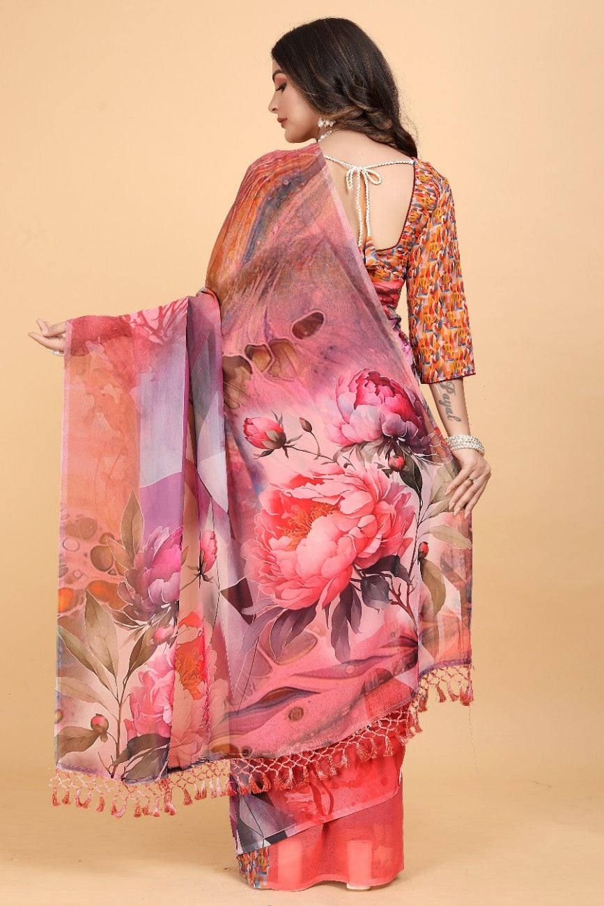 Georgette Saree with Floral Digital Print & Fancy Latkans