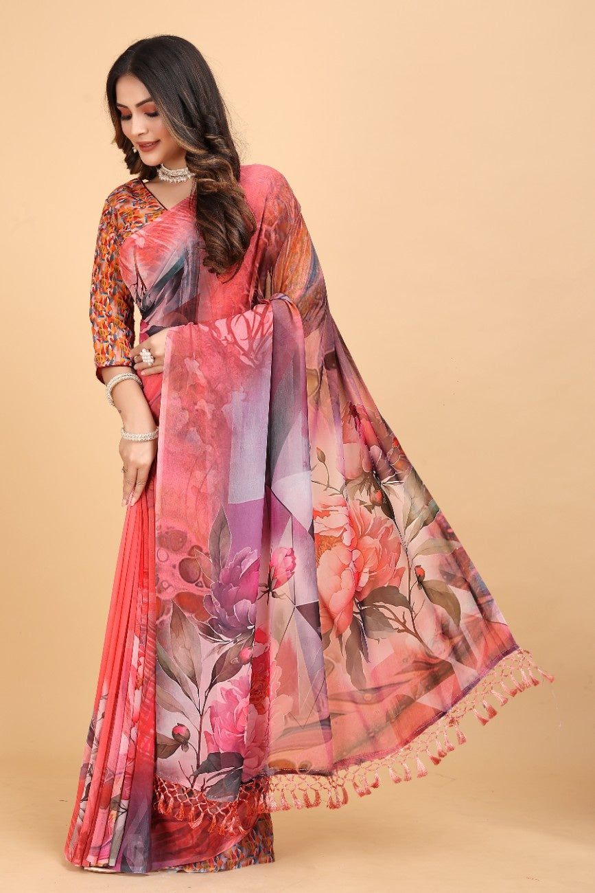 Georgette Saree with Floral Digital Print & Fancy Latkans