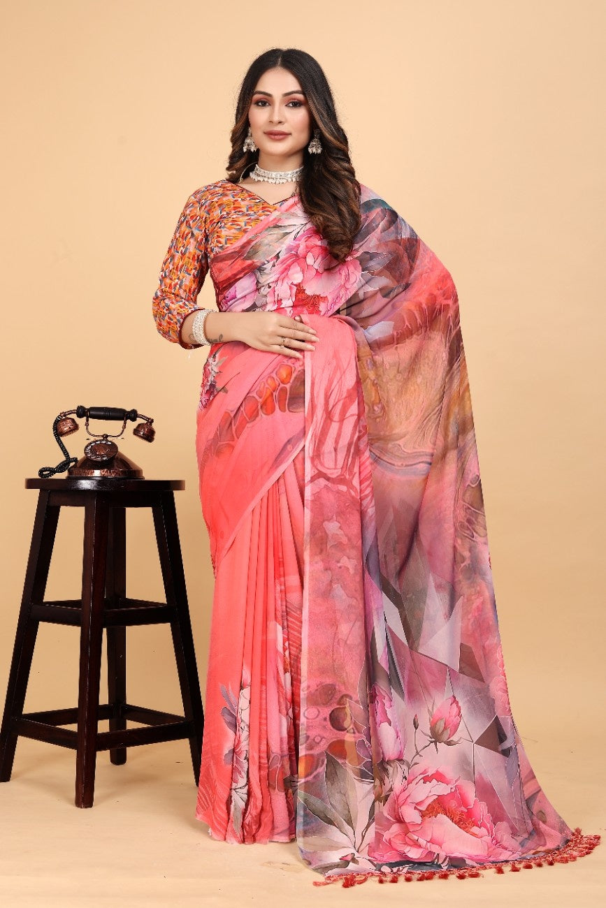 Georgette Saree with Floral Digital Print & Fancy Latkans