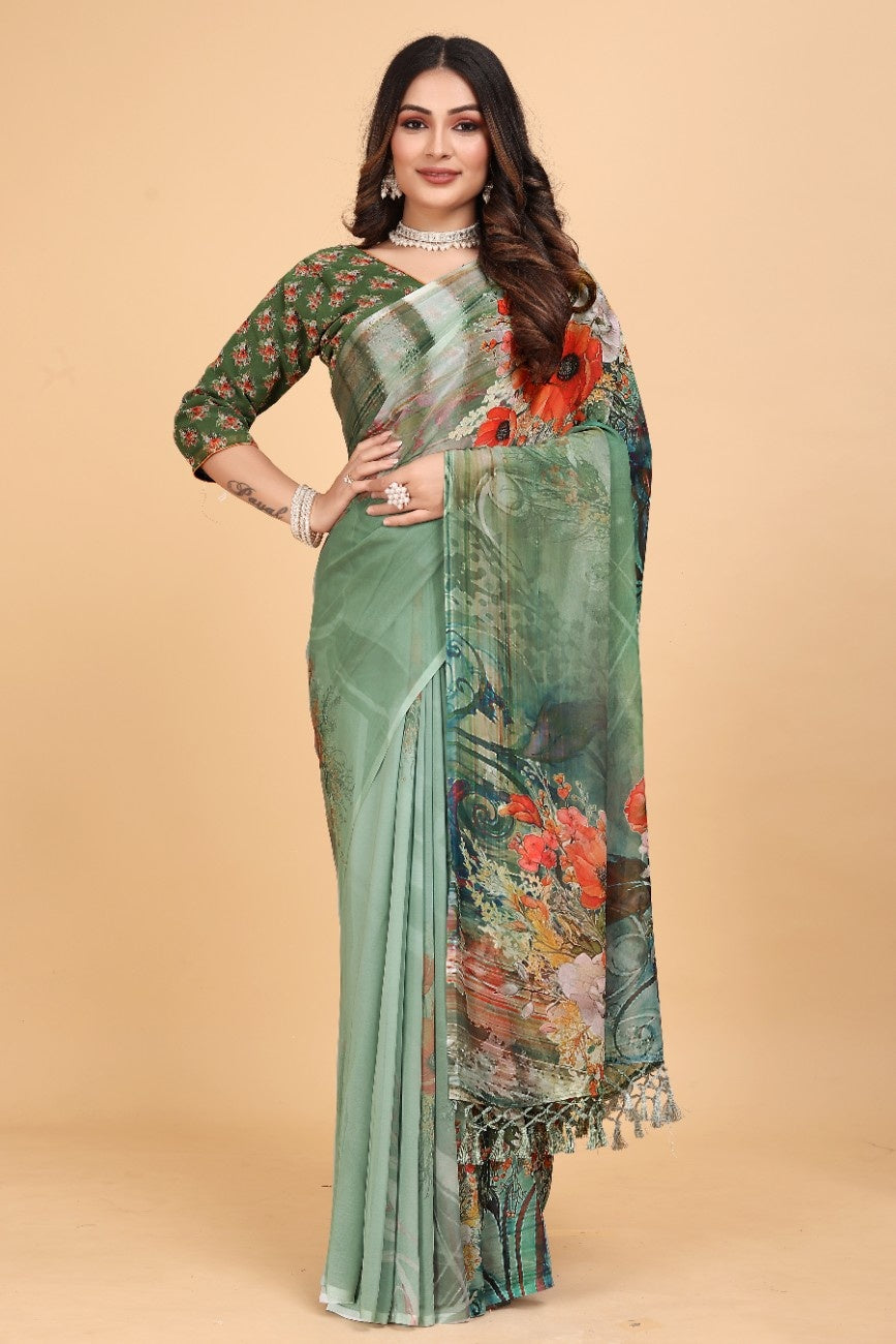 Georgette Saree with Floral Digital Print & Fancy Latkans