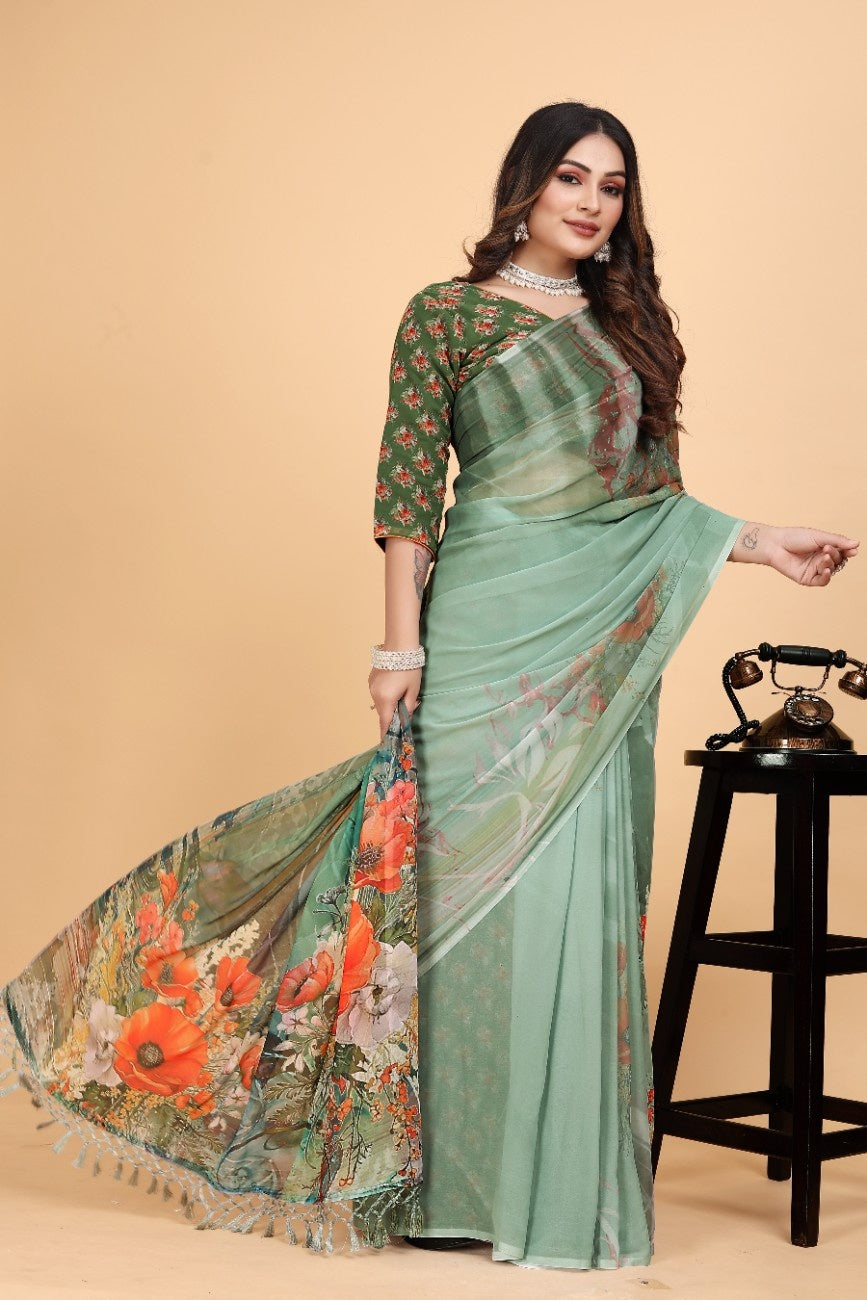 Georgette Saree with Floral Digital Print & Fancy Latkans