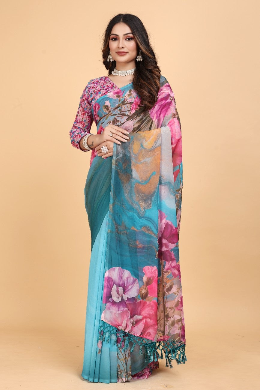 Georgette Saree with Floral Digital Print & Fancy Latkans