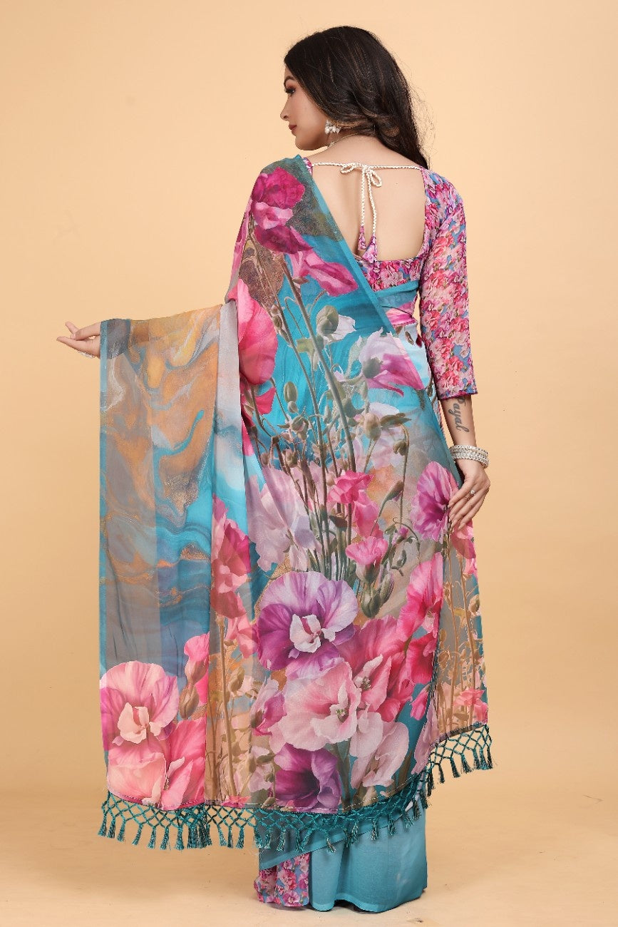 Georgette Saree with Floral Digital Print & Fancy Latkans