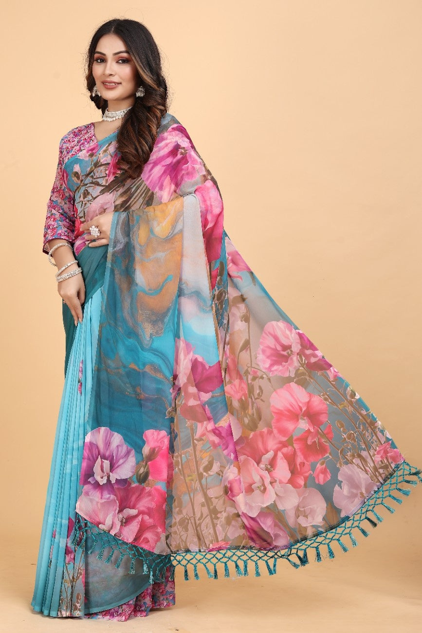 Georgette Saree with Floral Digital Print & Fancy Latkans