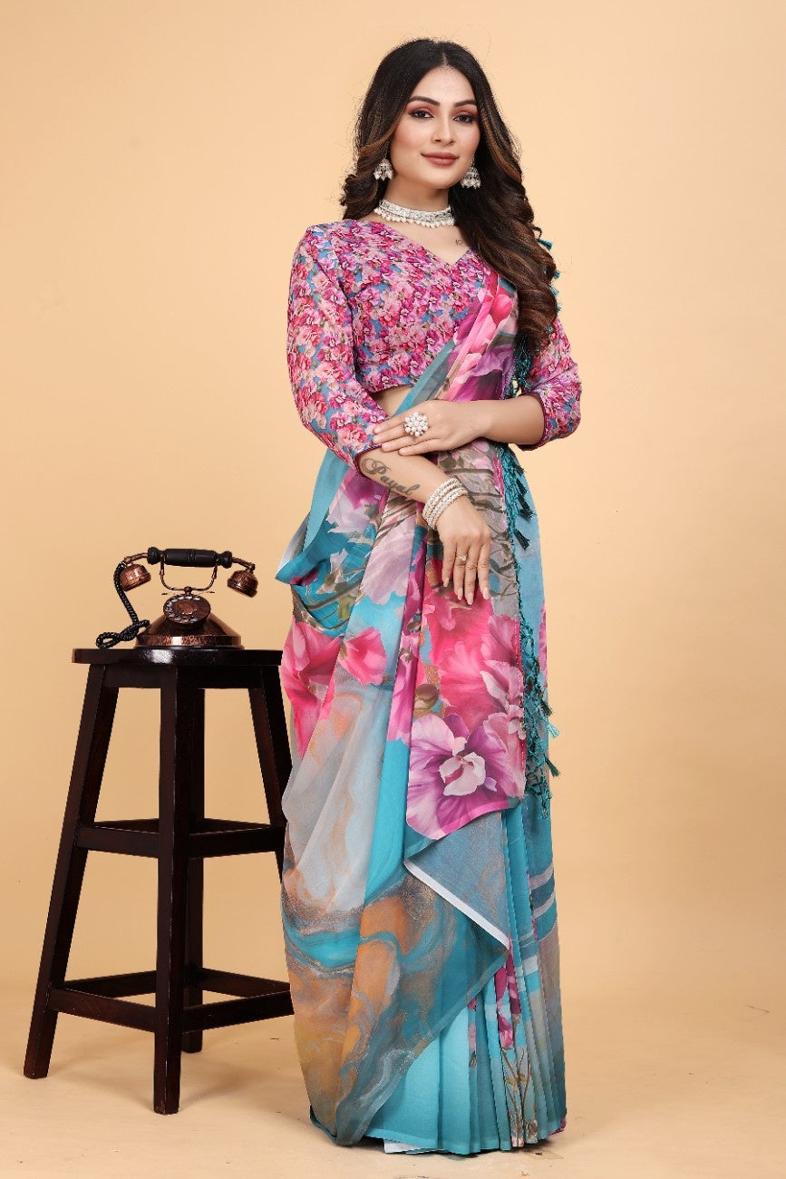 Georgette Saree with Floral Digital Print & Fancy Latkans