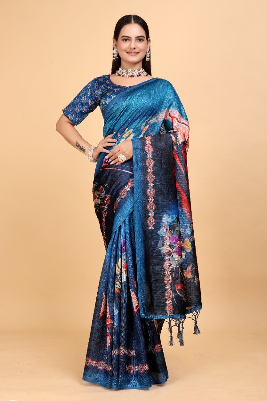 Silk Blend Saree with bold floral motifs and intricate border