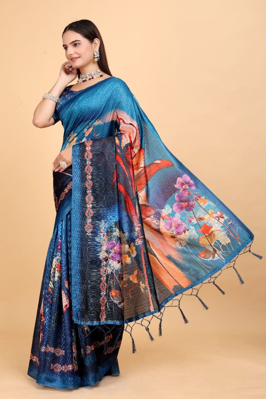 Silk Blend Saree with bold floral motifs and intricate border