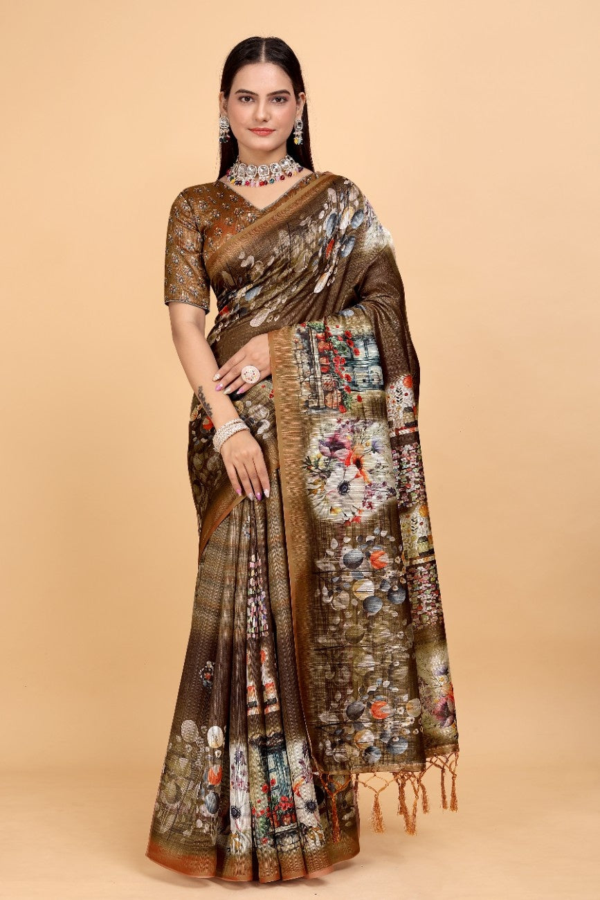 Silk Blend Saree with bold floral motifs and intricate border