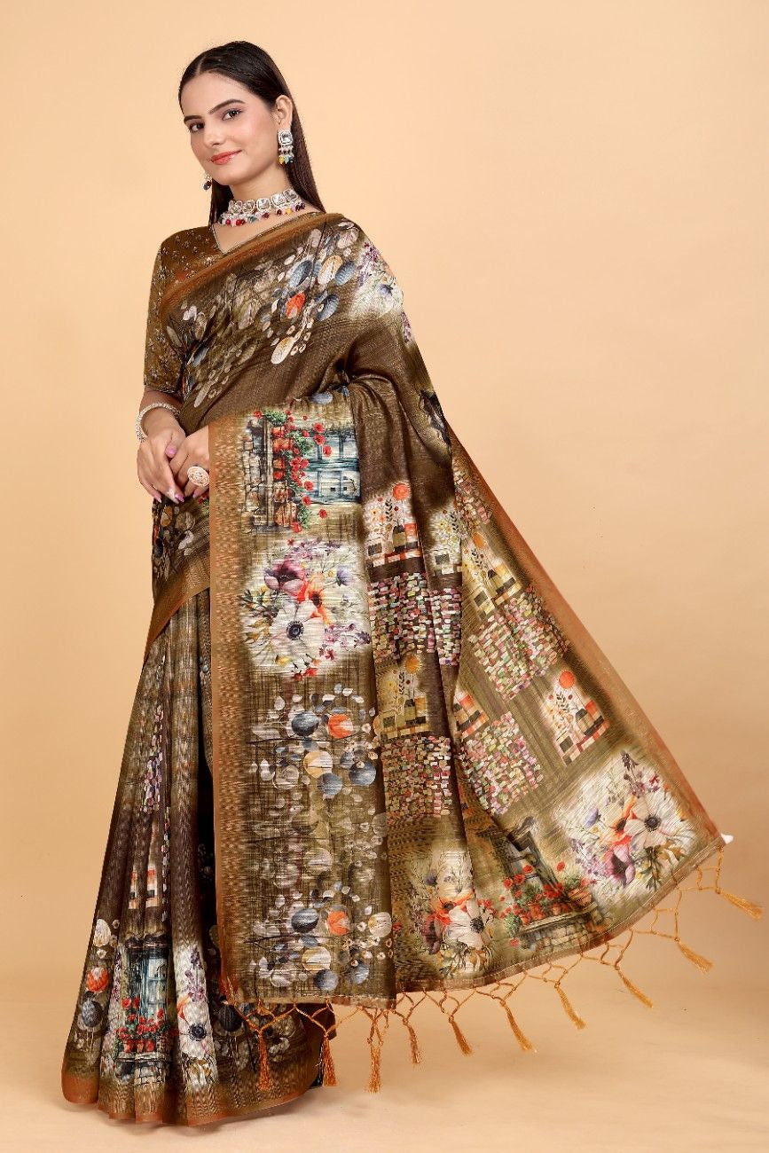 Silk Blend Saree with bold floral motifs and intricate border