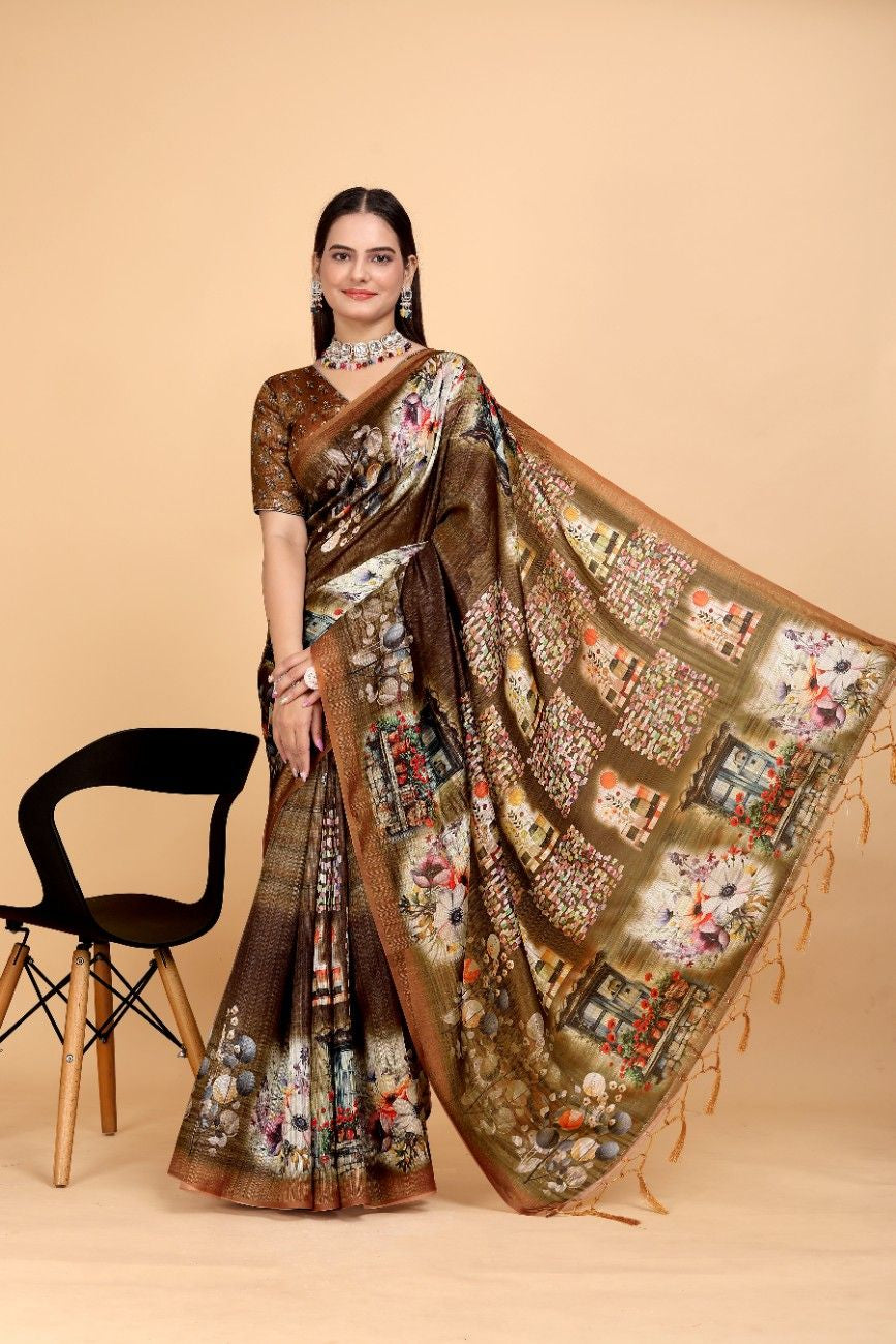 Silk Blend Saree with bold floral motifs and intricate border